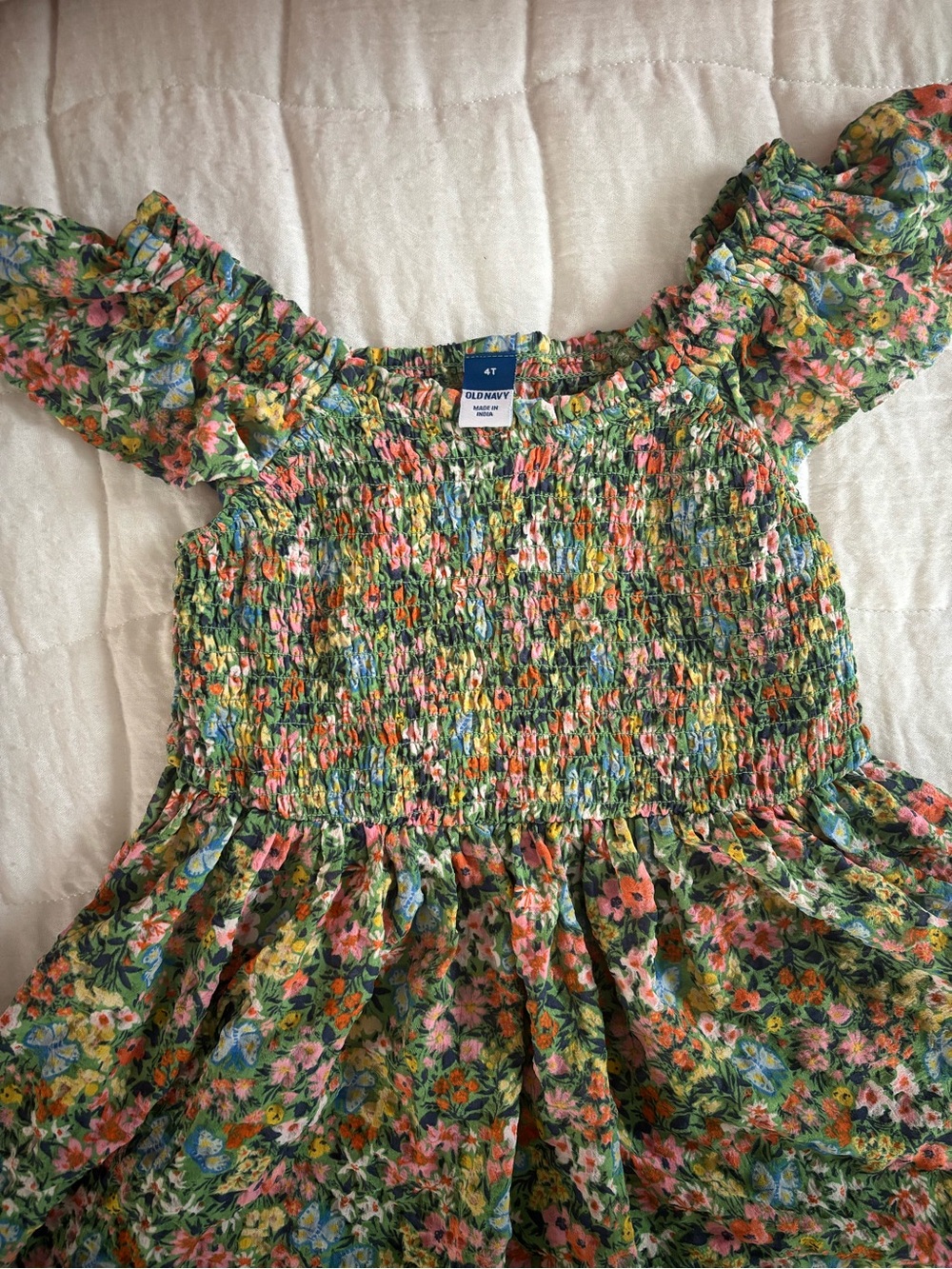 Old Navy Floral Smocked Off-Shoulder Dress in Green, Coral and Yellow